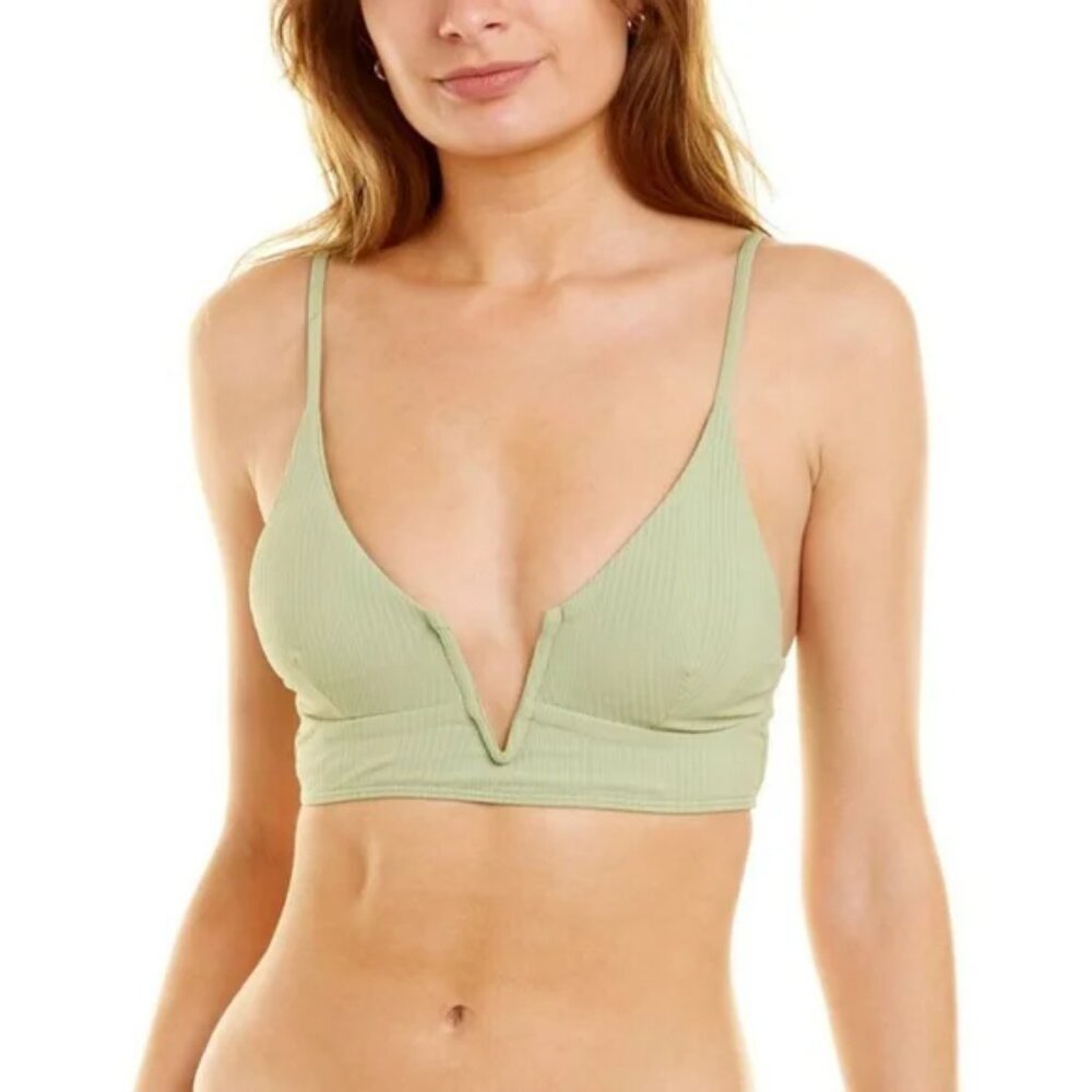 L*Space Siren V-Neck Ribbed Bikini Swimsuit Top Sage Mint Green